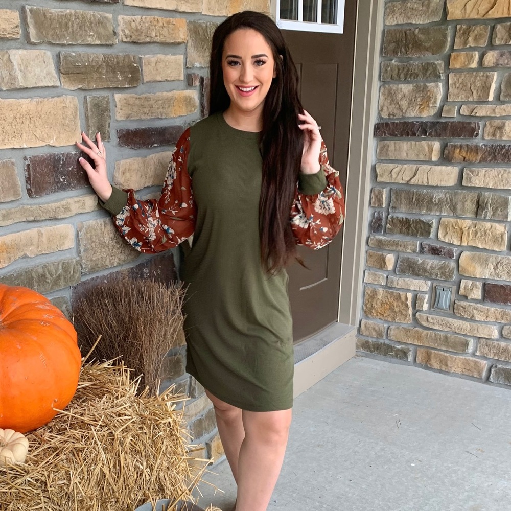 Green with floral sheer sleeves